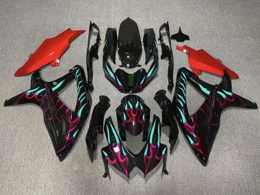 Rot & Cyan Flamme 08-10 Suzuki GSXR 600-750 Verkleidung